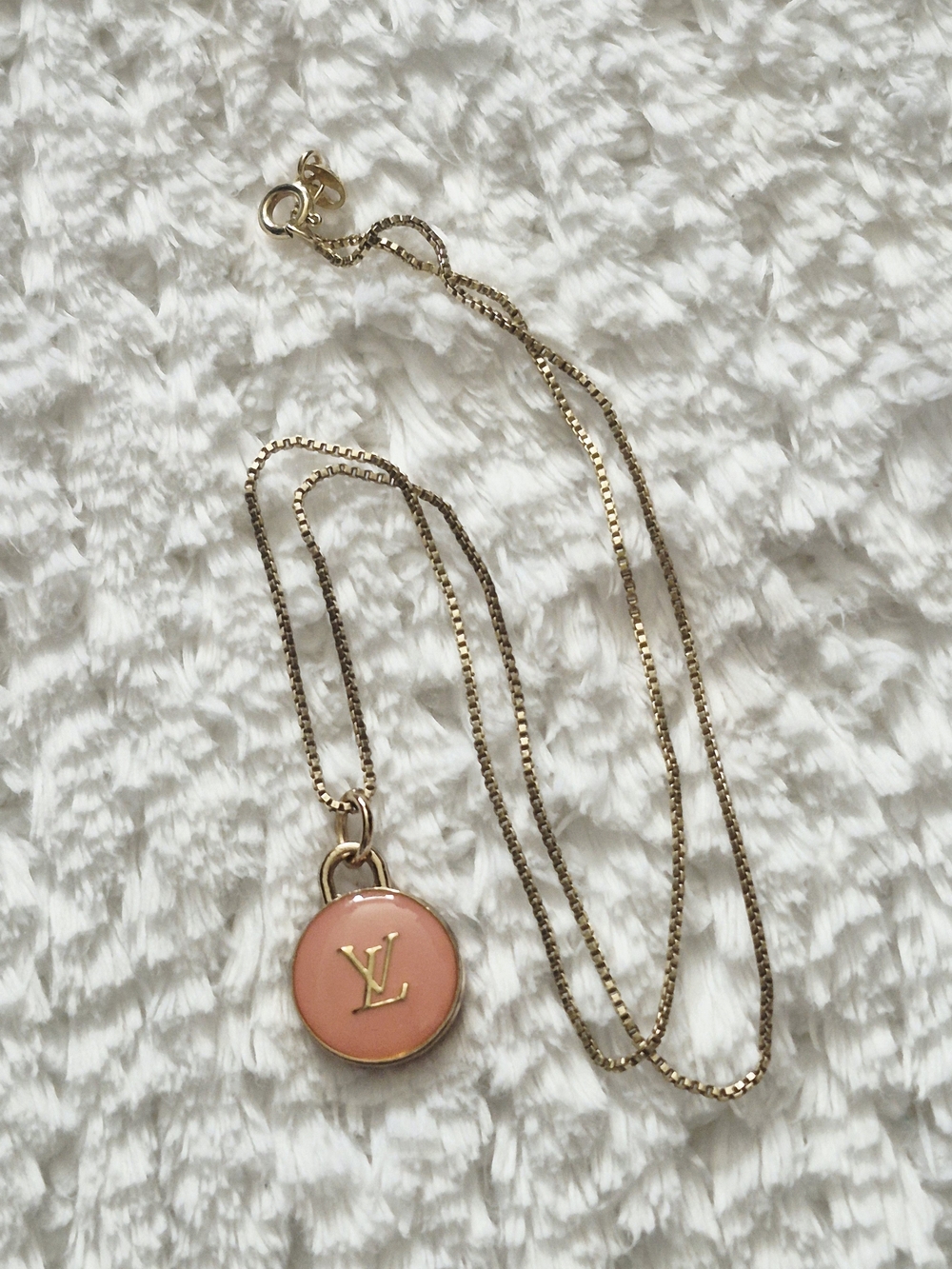 Vintage Louis Vuitton Pink Enamel Logo Pendant Necklace
